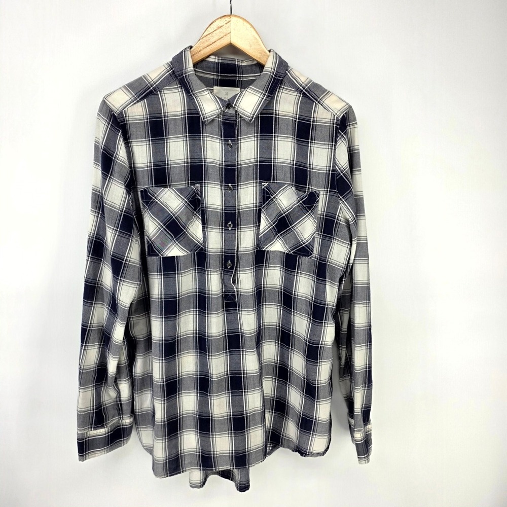 Caslon Plaid Shirt Women Large Navy Blue White Long Sleeve Button Up Tunic